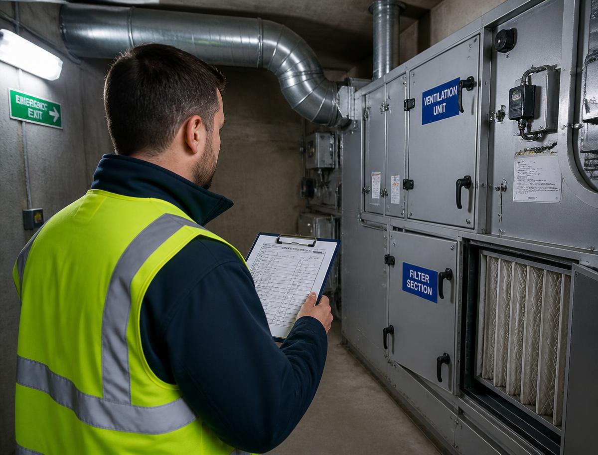 Tekniker gennemgår ventilationsanlæg og filtersektion i et beskyttelsesrum
